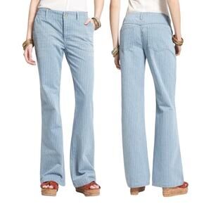 Free People Solar Blue Railroad Stripe Wide Leg Button Fly Low Jean Sz 31 NWT